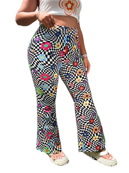 

plus floral & geo print flare leg pants b82n#, Black