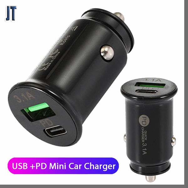 3.1a Высокоскоростные двойные порты PD Car Charger USB-C Type C Car Chargers Autoper Adapters Chargers для iPad iPhone 7 8 XR 11 12 13 14 14 Samsung HTC Android с пакетом
