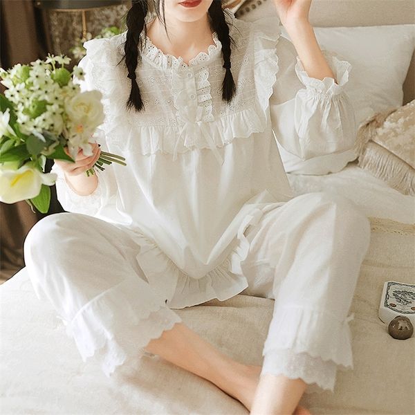 Женская принцесса с длинным рукавом кружева рюшами пижама наборы наборы + брюки. Винтажные дамы хлопок пижамы набор викторианской девушки домашнее сна 220329