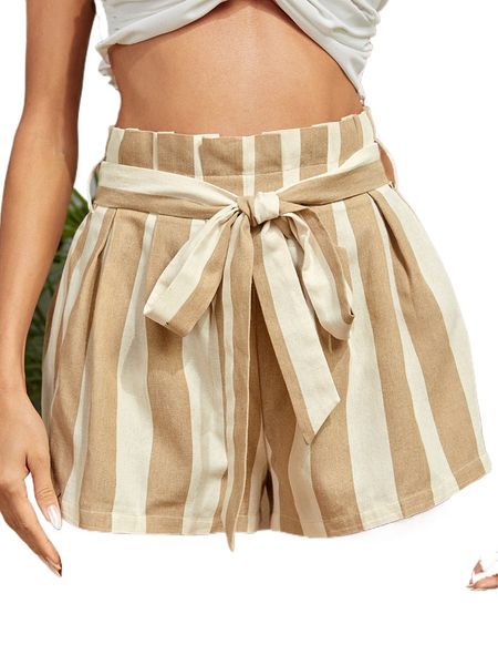 

paper bag waist striped wide leg shorts j11q#, White;black