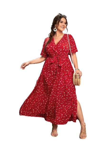 

plus ditsy floral print belted dress h4km#, Black