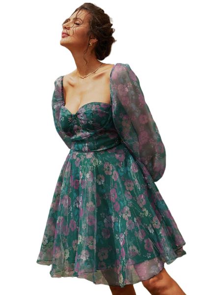 

missord allover floral lantern sleeve mesh overlay dress 03wp#, Black;gray