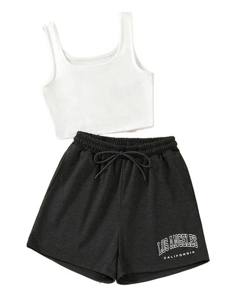

tank & letter graphic drawstring waist shorts t3bx#, White