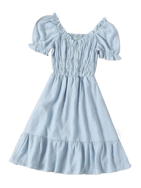 

shirred puff sleeve ruffle hem dress w33s#, Black;gray