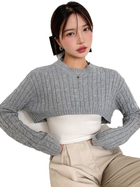 

dazy 1pc cable knit drop shoulder crop sweater m71z#, White;black