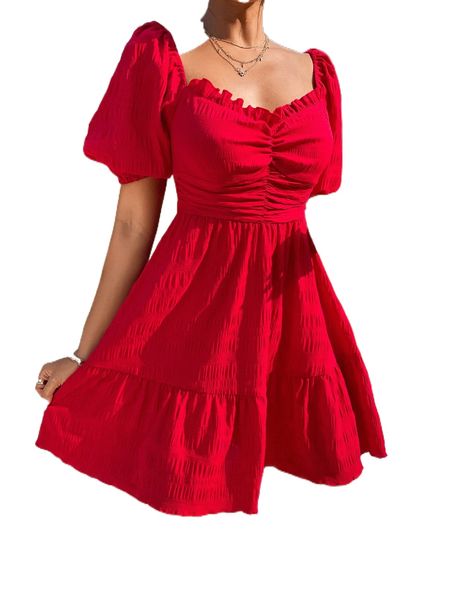 

ruched tie back ruffle hem dress h8un#, Black;gray