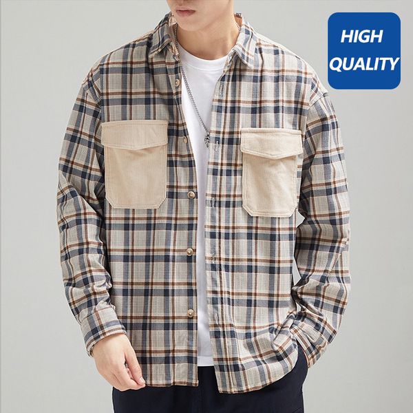 

mskie sztruksowe koszule fashion check plaid lapel zapinana mska koszula na co dzie kurtka patchwork kiesze na piersi z dug, Black;brown