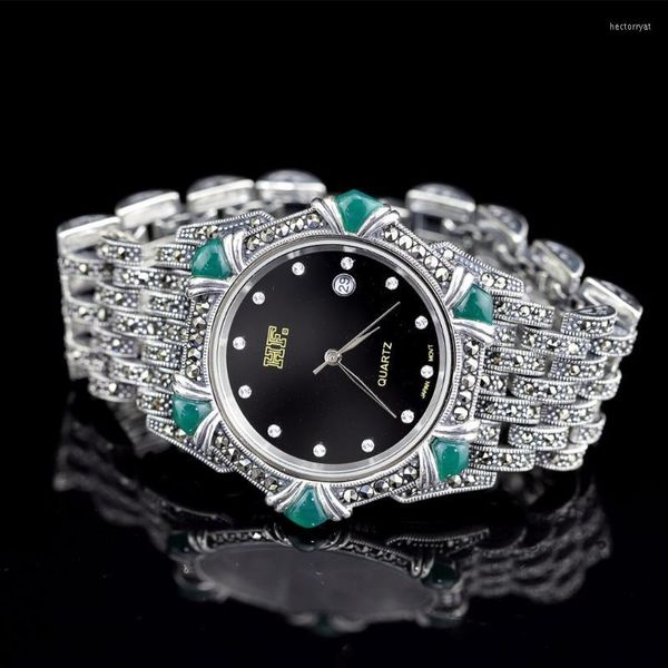 Armbanduhren Damen Klassische Thai Silber Armbanduhr S925 Jade Uhren Echte ArmreifArmbanduhren Hect22