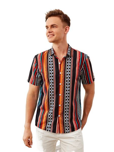 

men vertical striped & checkered print shirt 45wr#, White;black