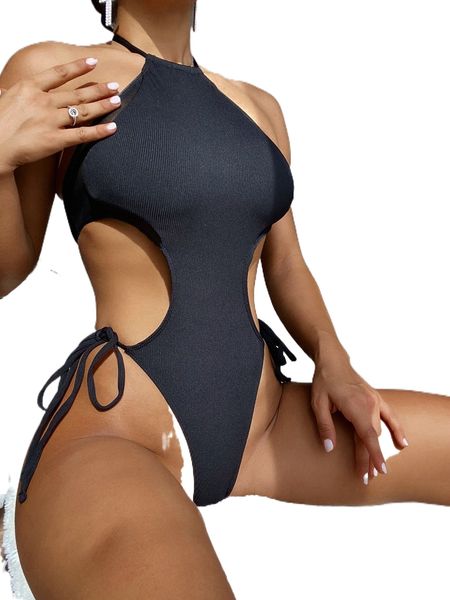 

plain cut-out lace-up one piece swimsuit y1to#, White;black