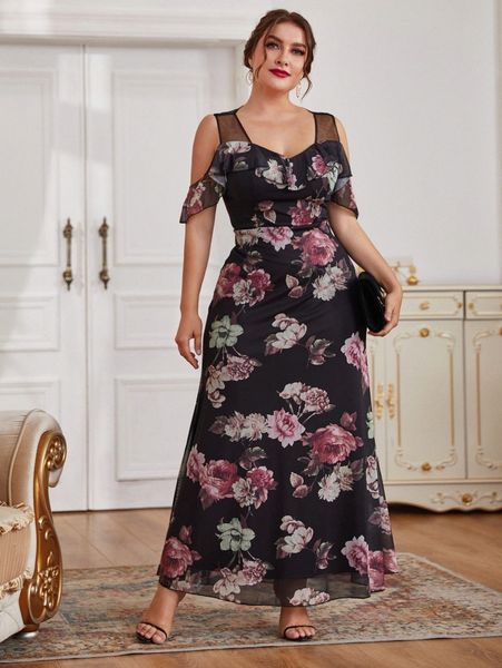 

plus floral contrast mesh cold shoulder dress i2vq#, Black