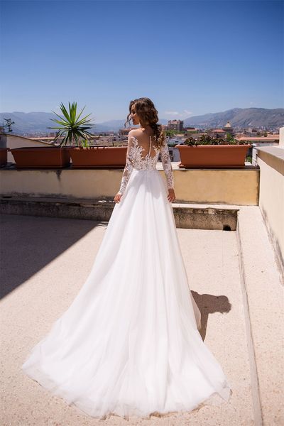 

stylish a-line wedding dresses beads sequins v neck long sleeve lace simple and elegant bridal gowns long length train train vestido de novi, White