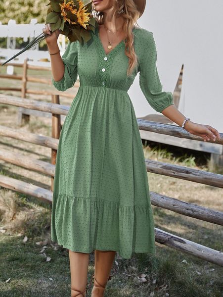 

swiss dot lace detail fake button lantern sleeve ruffle hem dress f328#, Black;gray