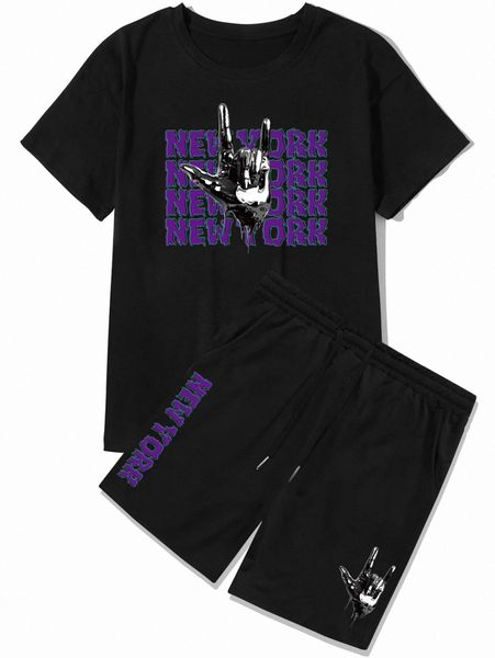 

romwe guys letter gesture graphic tee & drawstring shorts x9qt#, Gray