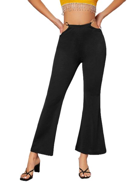 

chain detail cut out waist flare leg pants k115#, Black;white