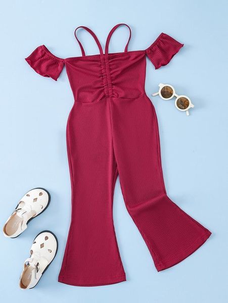 

toddler girls ruched cold shoulder flare leg jumpsuit she, Blue