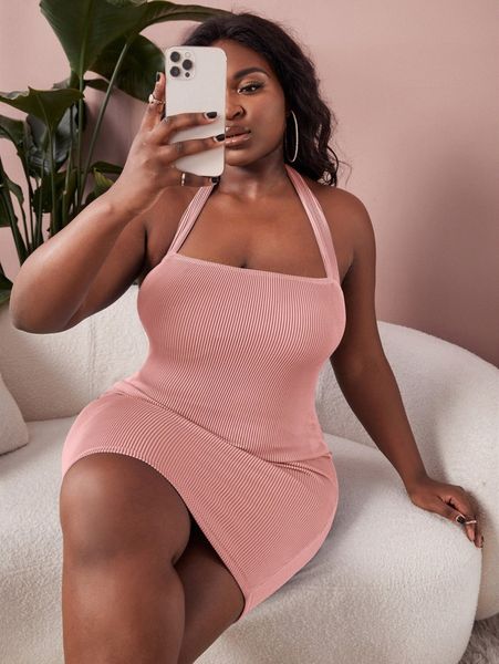 

sxy plus halter neck backless rib-knit bodycon dress w90g#, Black