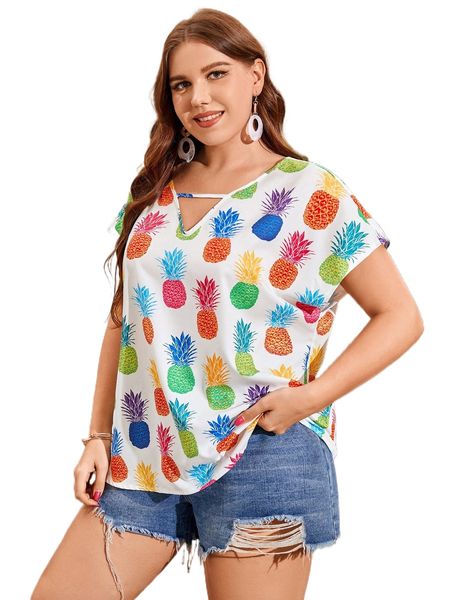 

plus pineapple print cut out batwing sleeve blouse 219v#, Black