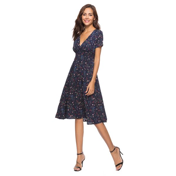 

2022 summer women's chiffon flowered beach dress bohemian v-neck short sleeve long dresses, Black;gray