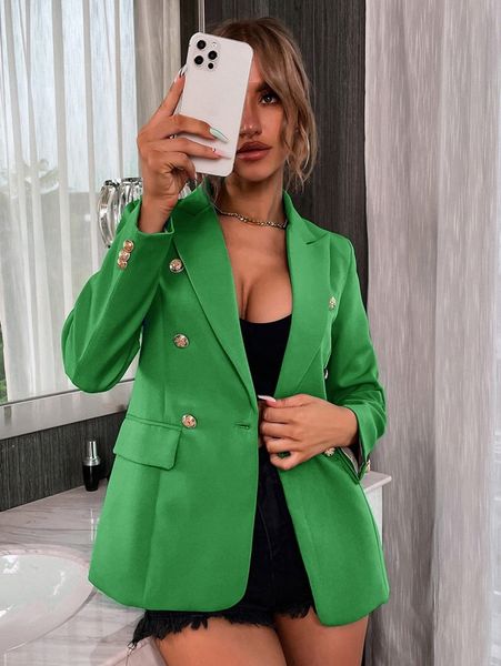 

solid double breasted flap pocket blazer l1rw#, White