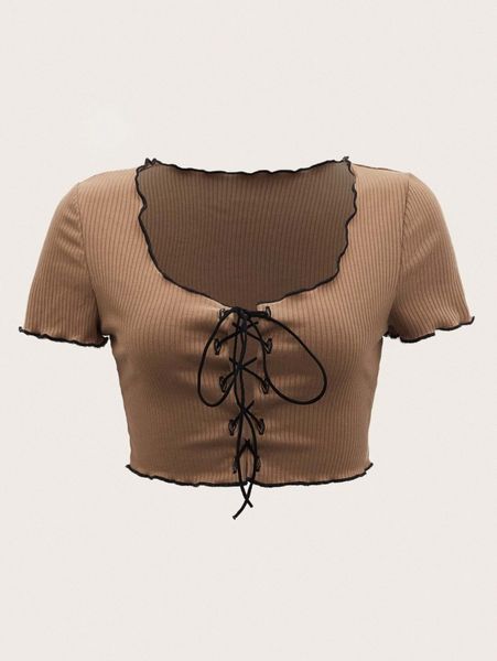 

lace up front contrast binding crop tee s2i4#, White