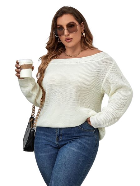 

plus boat neck cable knit sweater 66wf#, Black