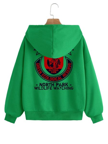 

elk & letter graphic kangaroo pocket drawstring zip-up thermal hoodie c9xw#, Black