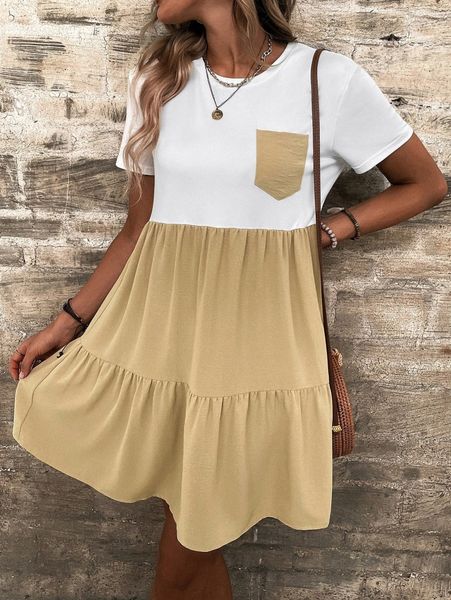 

two tone pocket patched ruffle hem dress p1jy#, Black;gray
