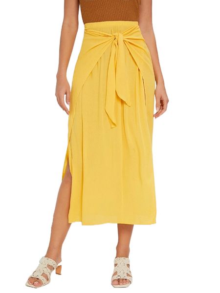 

solid tie front slit skirt u8pk#, Black