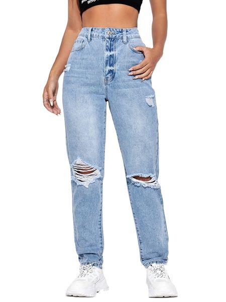 

high waist ripped frayed mom fit jeans i1ah#, Blue