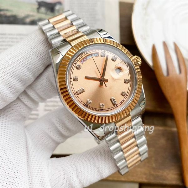 

dropshipping - mens automatic mechanical watch 41mm green sliver/ rose with fixed fluted bezel, Slivery;golden