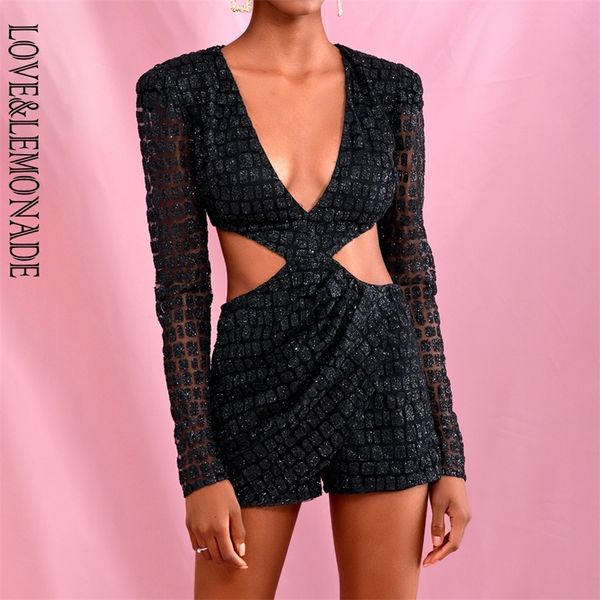 

love & lemonade black dark v neck open back cross glitter glued material long sleeve playsuit lm82379 t200704, Black;white