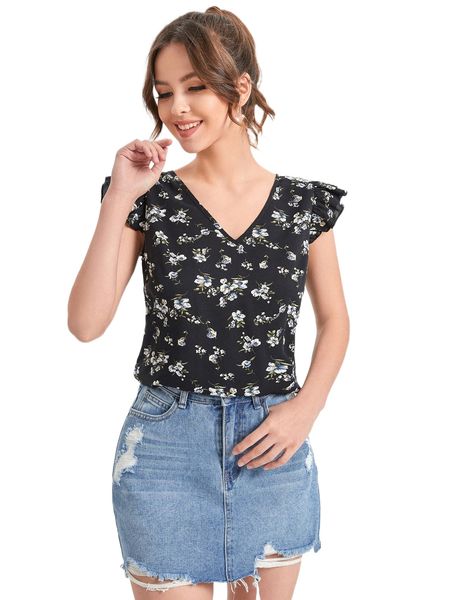

allover floral print butterfly sleeve blouse i3k1#, White