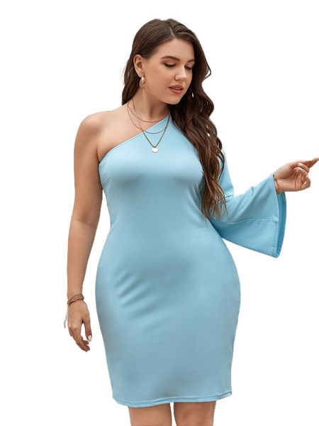 

plus 1pc one shoulder bell sleeve fitted dress i8jk#, Black