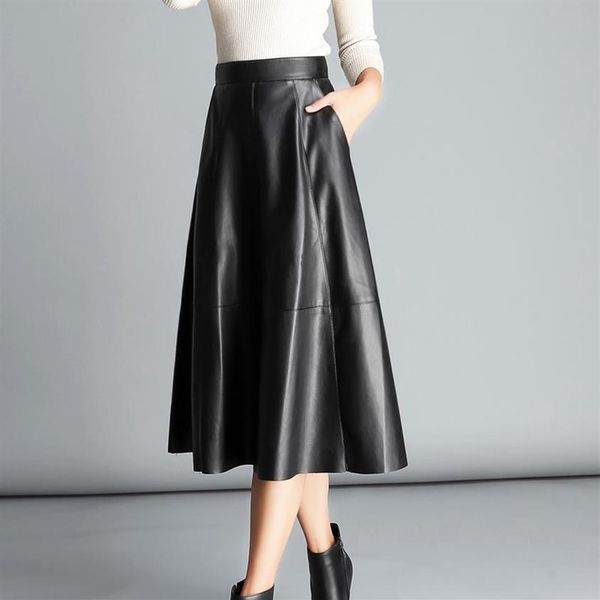 

leather skirt women soft mixed sheepskin waist black a line 20288c