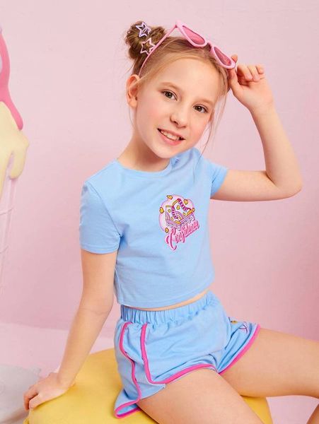 

girls letter graphic tee and dolphin shorts set she, White