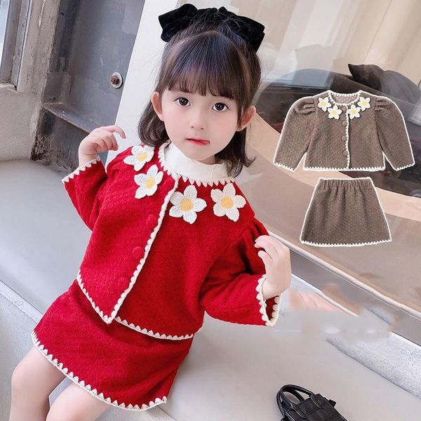 

clothing sets autumn and winter children's sweater suit girls floral woolen long-sleeved jacket + short skirt 2 pieces of clothes, White