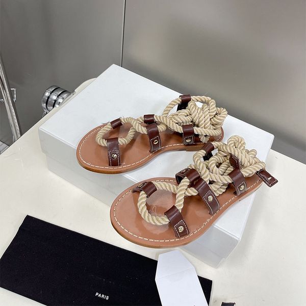 

summer hemp rope ankle strap flats sandals luxury open toe brand women's mules ladies causal sandals dress shoes banquet shoes, Black