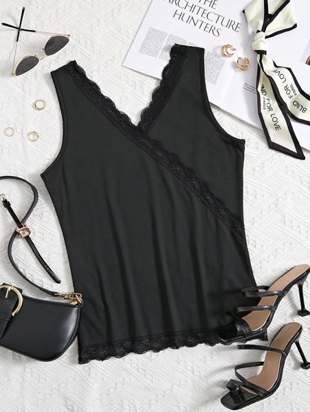 

lace trim overlap collar tank 22ay#, White