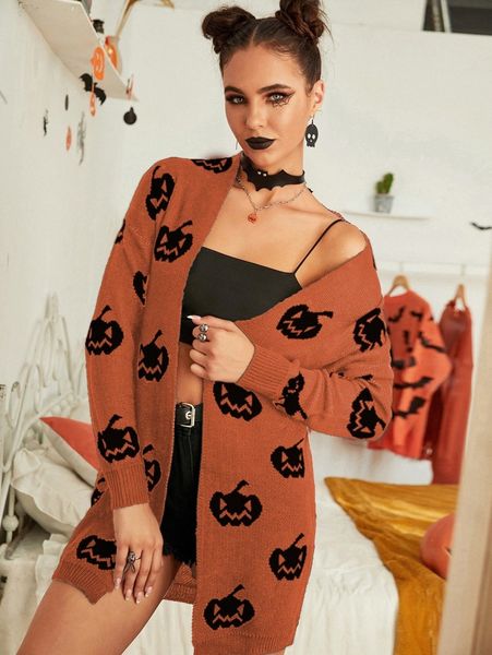 

halloween pumpkin pattern drop shoulder open front cardigan h2nr#, White;black