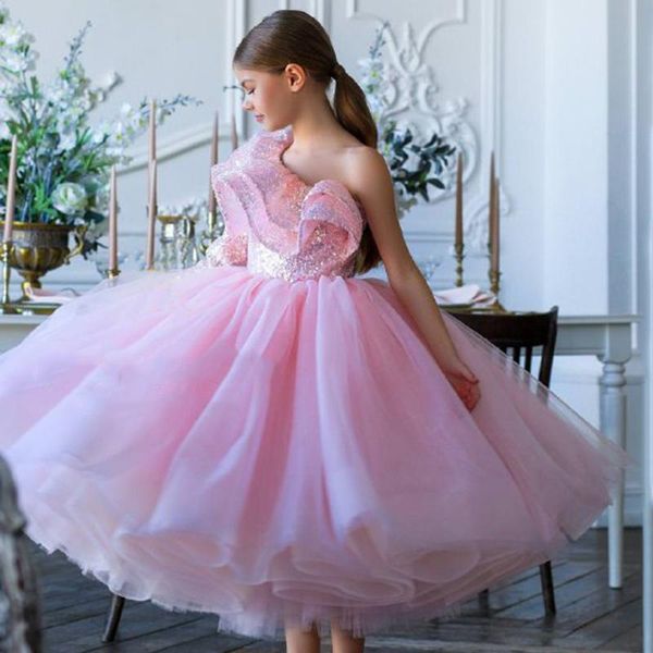 Vestidos de menina um ombro de babados de lantejoulas vestido de flor de princesas Princesa Party First Communion Knee Length Prom Gownsgirl's