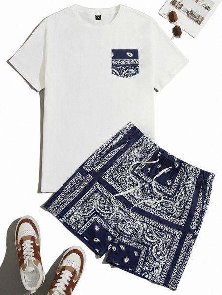 

men pocket patched tee & paisley scarf print drawstring waist shorts p87h#, Gray