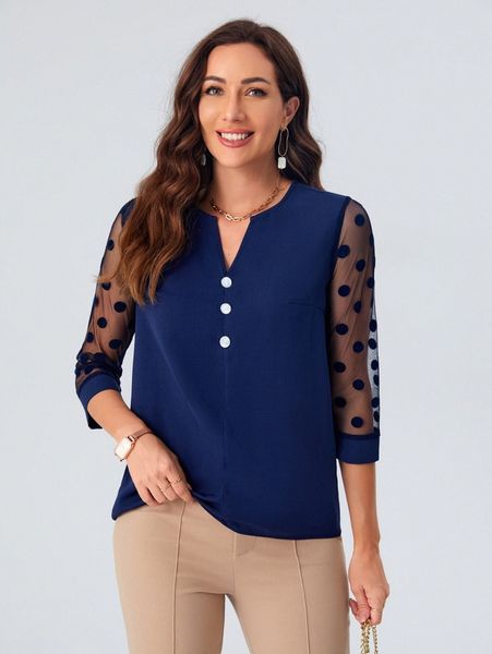 

emery rose polka dot mesh sleeve notch neck blouse f3e3#, White