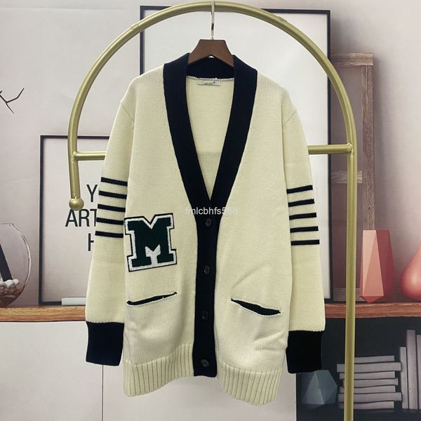 

women's knits & tees mm family winter v-neck medium length letter  stripe sleeve contrast cardigan sweater coat, White