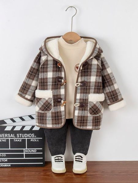 

toddler boys plaid dual pocket hooded duffle coat she, Blue;gray