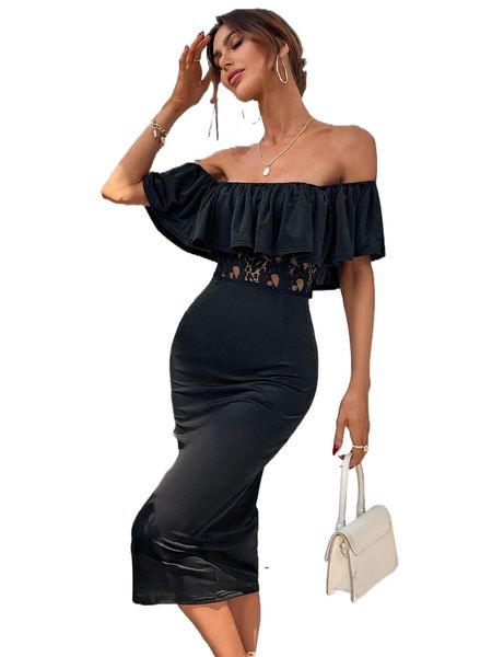 

flounce off shoulder lace insert dress e95u#, Black;gray