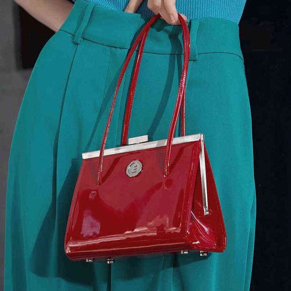 

korean niche vintage patent leather handbag underarm bag small square bag 220610