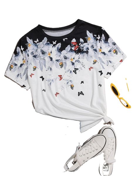 

plus butterfly & floral print tee q1qk#, Black