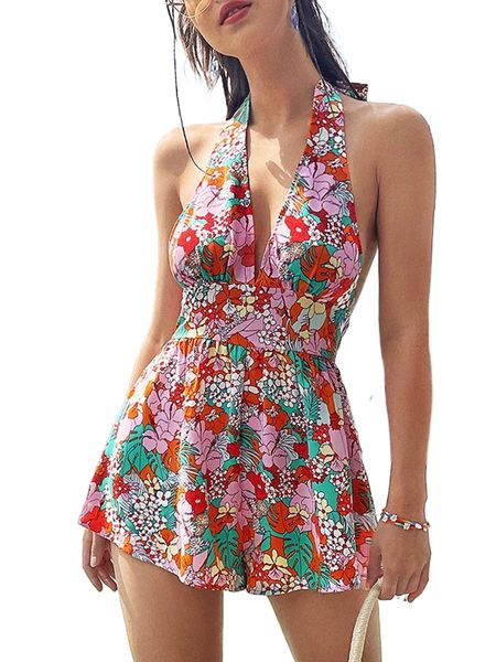 

floral print tie backless halter romper k978#, Black;white