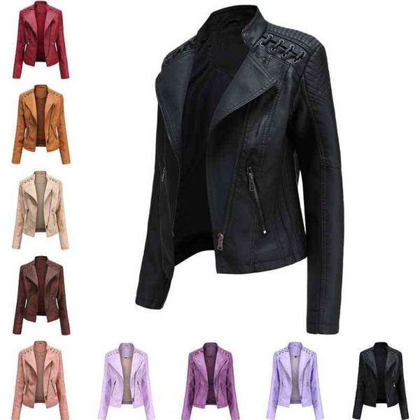 

new 2022 turn-down collar pu faux leather jackets women luxury jacket black pink red biker coat l220728